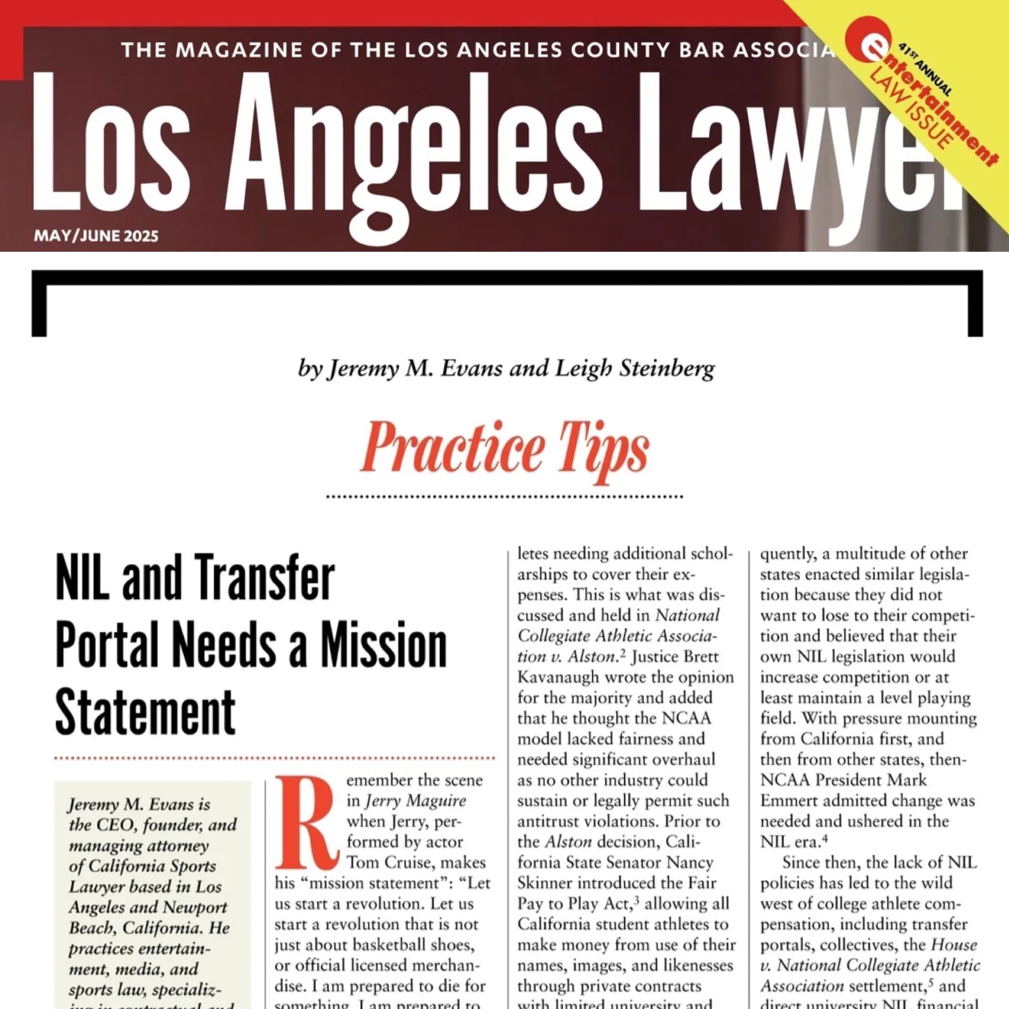Jeremy Evans and Leigh Steinberg co-author NIL article for the Los Angeles Lawyer magazine