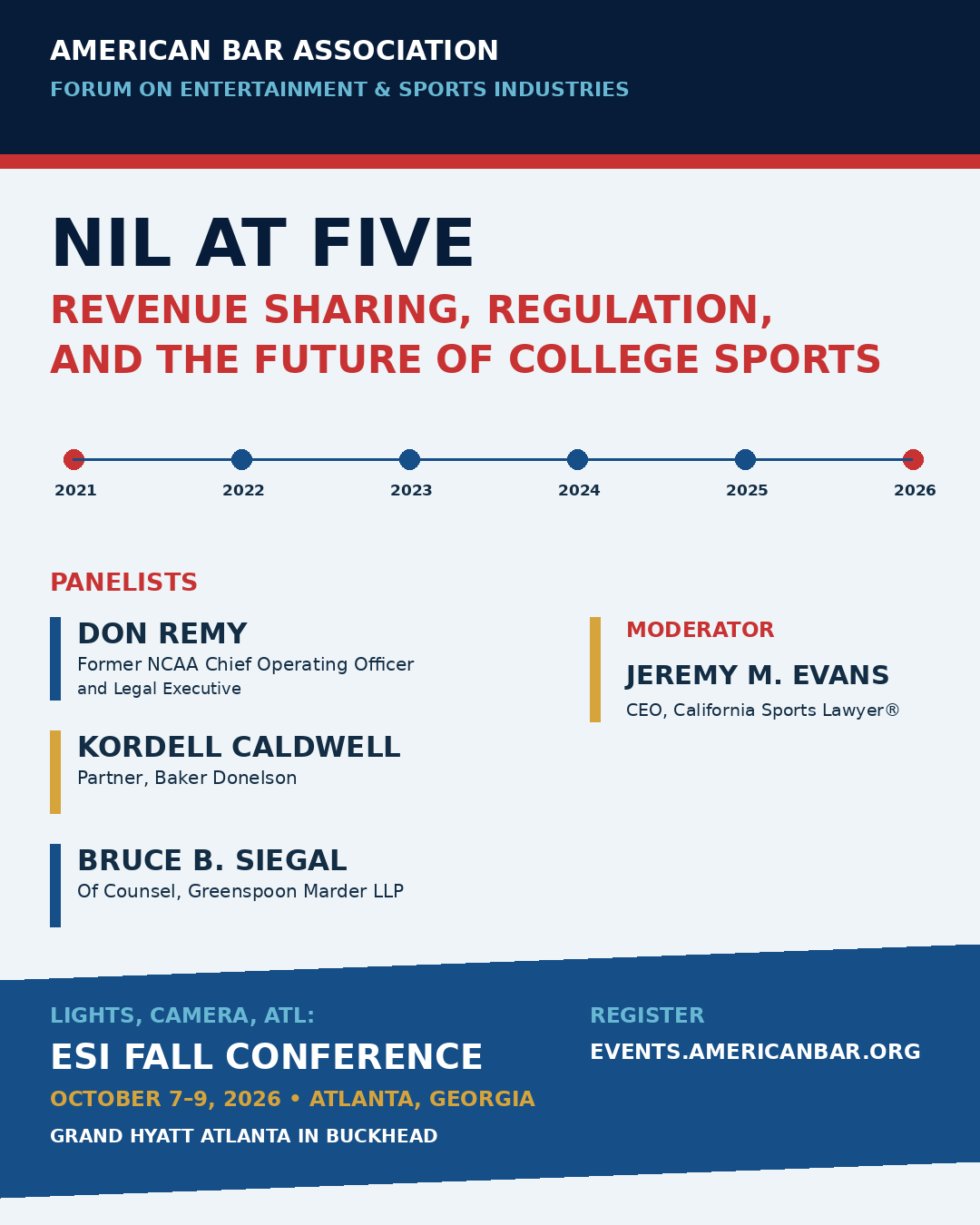 Jeremy M. Evans to Moderate “NIL at Five” at the ABA ESI Fall Conference